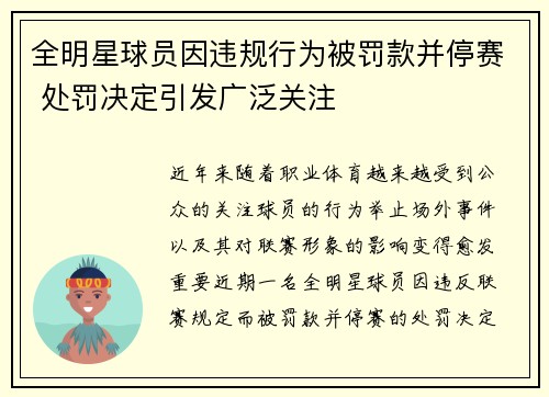 全明星球员因违规行为被罚款并停赛 处罚决定引发广泛关注