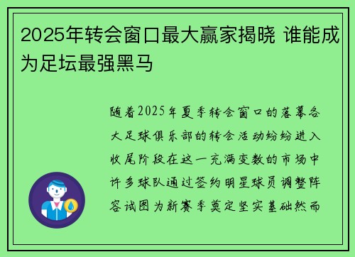 2025年转会窗口最大赢家揭晓 谁能成为足坛最强黑马