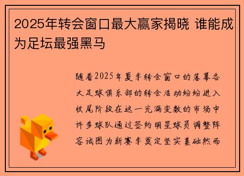 2025年转会窗口最大赢家揭晓 谁能成为足坛最强黑马